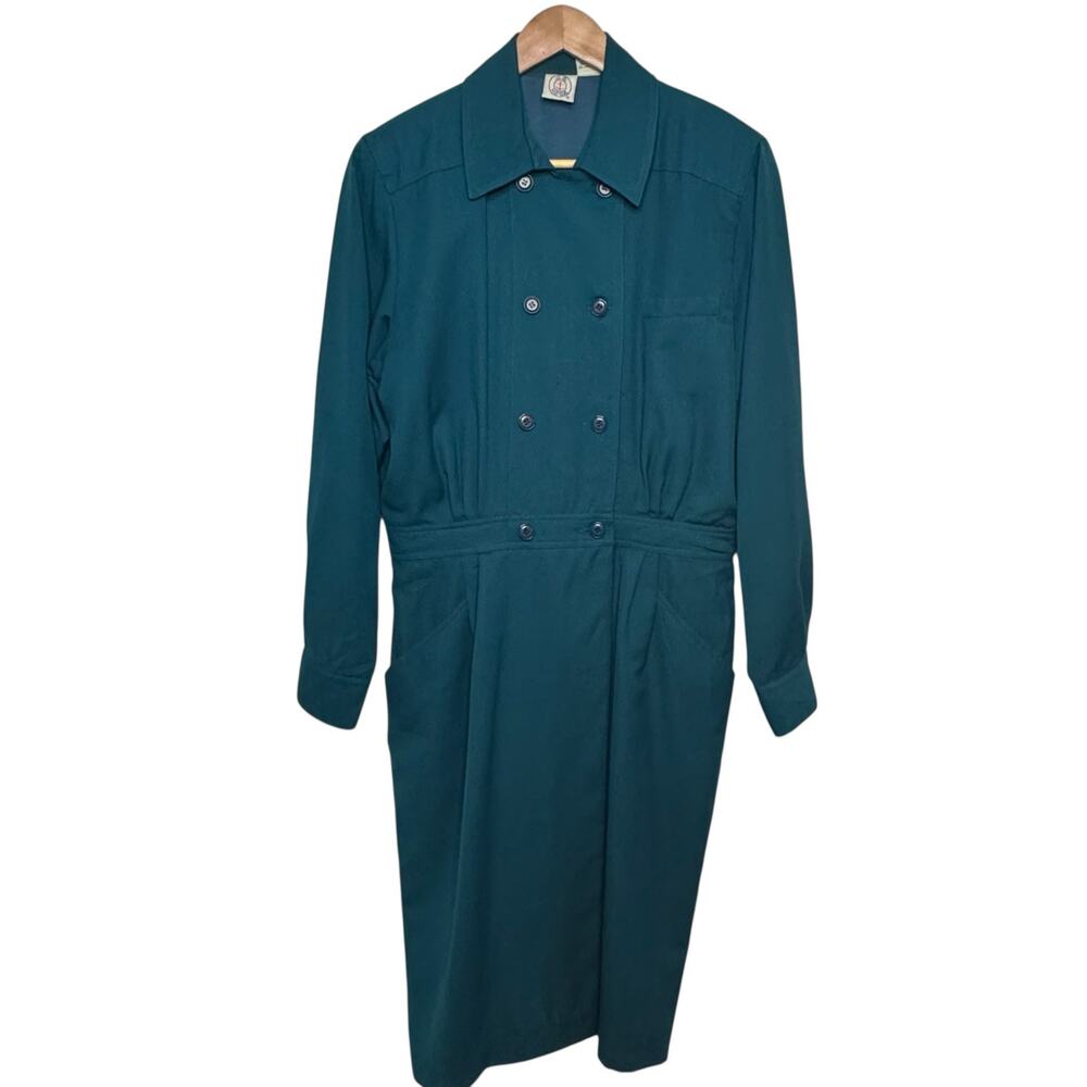 J.G. Hook Teal Wool Blend Vintage 1990 Button Front Shirt Dress Pockets Size 14